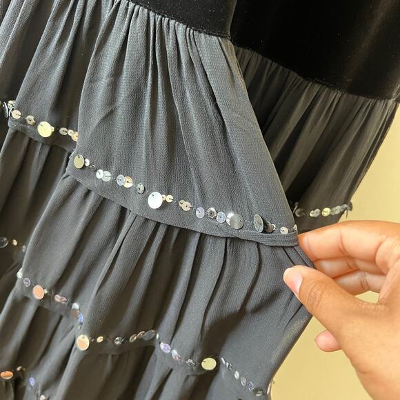 Vintage Black Velvet Tiered Sequin Maxi Dress Womens Small / Medium Witchy Gypsy - Picture 7 of 11